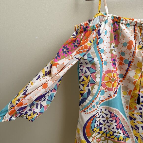 TRINA TURK Jillian Top Off Shoulder  Silk Spandex Stretch Tasseled Size SMALL - Picture 5 of 5